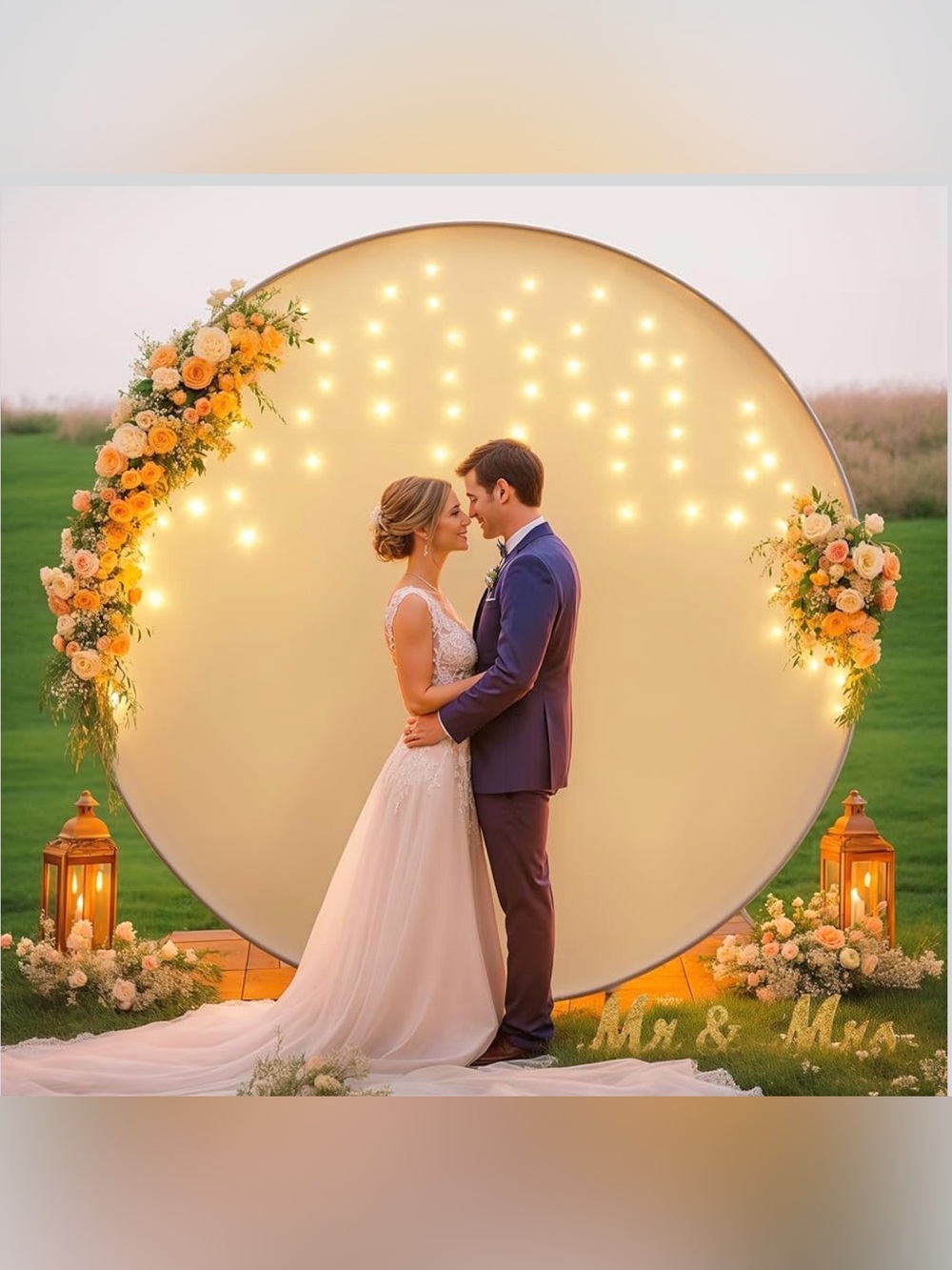 7.2 FT White Round Backdrop Cover w/Lights String for Circle Arch Stand Circle
